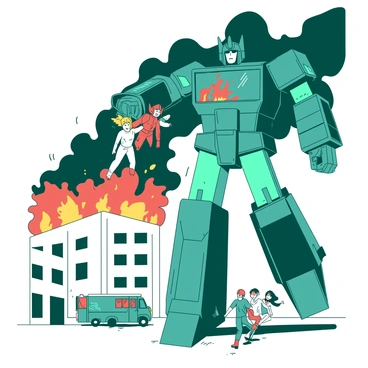 A teal Optimus Prime stands tall, towering over a white building engulfed in flames. With one arm extended, he reaches down to lift a small family, consisting of a mother, father, and two children. The family appears relieved and grateful as they are gently cradled in his massive hand. Flames burst from the windows of the building, casting a glow on the scene. Thick black smoke billows into the sky, while the background features an emergency response team rushing toward the scene. The heroic act of rescue is evident as Optimus Prime focuses on the safety of the family.