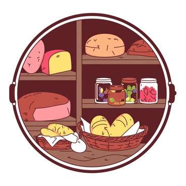 A cozy hobbit larder is filled with a variety of goodies. Shelves made from rich, dark wood are stacked high with several large wheels of cheese, each one different in size and texture. Freshly baked loaves of bread are placed in a wicker basket on the countertop, with a golden-brown crust that looks inviting. Colorful jars of preserves, with smooth, glossy surfaces, are arranged neatly on another shelf, showcasing fruits like strawberries and plums. The warm lighting highlights the abundance of food, creating a welcoming atmosphere in the hobbit larder.