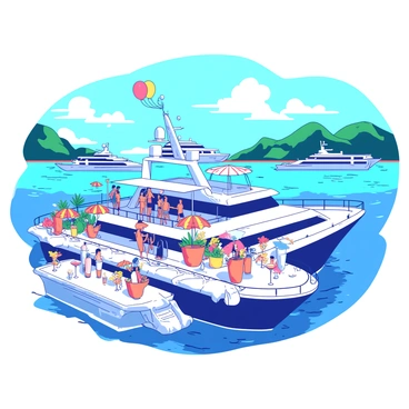 A luxury yacht is anchored in a sparkling blue bay, with vibrant turquoise waters glistening under the sunlight. On the deck of the yacht, there are elegantly arranged tables adorned with white tablecloths and orange centerpieces filled with tropical flowers. Guests dressed in stylish summer attire are mingling, holding colorful cocktails with decorative umbrellas. The yacht is surrounded by lush green hills, and a few yachts are visible in the background, creating a lively atmosphere. Brightly colored balloons are floating above the yacht, adding to the festive mood of the party.
