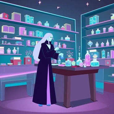 A spacious workshop filled with an array of mystical artifacts and tools, including ancient tomes, glowing crystals, and intricate potion vials. In the center, a witch with long, flowing black robes and silver hair is focused on crafting a new charm. She stands at a wooden workbench cluttered with various magical items. The workshop is illuminated by softly flickering candles, casting shadows on the walls adorned with shelves of rare ingredients and enchanted objects. The air is filled with a faint shimmer of magic, hinting at the powerful spells being conjured.