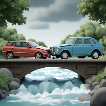 Two cars are in the midst of a collision on a narrow bridge that arches over a flowing river. The first car, a red sedan, has its front crumpled, with pieces of the bumper dislodged. The second car, a blue SUV, has its side impacted, showing dents and shattered glass. The setting is dramatic, with water rushing underneath the bridge, and the bridge itself made of weathered wood planks. In the background, lush green trees frame the scene, and the sky is filled with dark, looming clouds, conveying a sense of urgency.