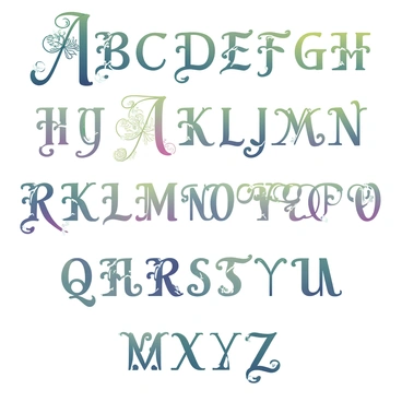 A collection of letters from the alphabet is displayed, each crafted in an ornate italic style. Each letter showcases intricate details, with flourishes and embellishments that highlight its unique shape. The letters are arranged gracefully on a soft gradient background, transitioning from light pastel shades. The ornate design features a mix of delicate curves and sharp angles, blending classical elegance with artistic flair. Each letter resonates with a sense of craftsmanship, inviting viewers to appreciate the artistry in their formation.
