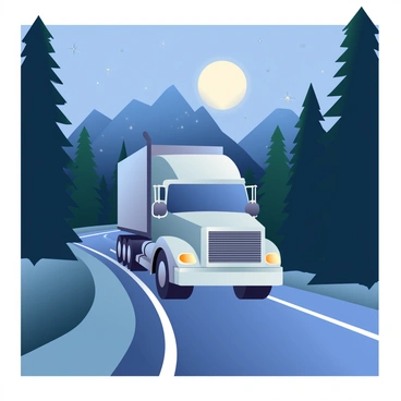 A large truck with glowing blue and white lights is navigating a winding mountain road at night. The truck has a shiny silver exterior, reflecting the dim light of the moon above. Tall trees line the sides of the road, their dark silhouettes contrasting against the soft glow of the headlights. In the background, rugged mountain peaks are visible, partially illuminated by the night sky filled with twinkling stars. The road curves sharply, revealing sections of asphalt glistening with moisture, hinting at a recent rain.