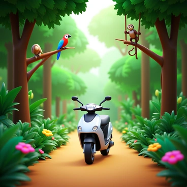 An electric moped adventure through a dense jungle with exotic wildlife