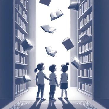 A group of children standing in a large, dimly lit room. They are wide-eyed and gazing in amazement at a hidden library. Surrounding them are numerous books hovering in the air, gently rotating and moving as if caught in an invisible breeze. The pages of the books are illuminated, casting a soft, warm light throughout the space. Tall bookshelves line the walls, filled with more books, while a few scattered volumes are open, their glowing pages fluttering gently. The floor is covered in a rich tapestry, adding texture to the scene.