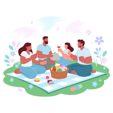 A family is sitting on a checkered blanket spread out on a sunny meadow. The blanket is adorned with a variety of colorful food items arranged in a wicker basket. The family consists of four members, each engaged in different activities. One parent is pouring drinks into glasses, while another is serving sandwiches. A child is laughing and reaching for a fruit, and the other child is playing with a small toy nearby. In the background, wildflowers in various pastel colors are scattered throughout the lush green grass, enhancing the cheerful atmosphere of the picnic.