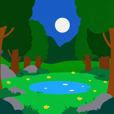 A moonlit clearing within a dense green forest, illuminated by the soft glow of the moon. Fireflies are scattered throughout the scene, their tiny lights twinkling as they dance around a small, reflective pond at the center. Surrounding the pond, various lush trees with thick trunks and vibrant leaves create a natural frame. The ground is covered with soft grass and delicate wildflowers that add splashes of color to the landscape.