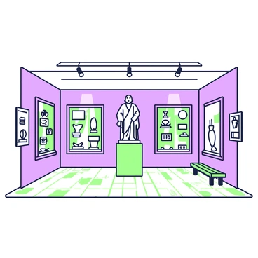 A museum room is filled with various historical artifacts and sculptures displayed on pedestals. In the center, there is a large, intricately carved statue of a historical figure, surrounded by smaller sculptures of animals and objects from different eras. Along the walls, there are glass cases containing a collection of ancient coins, pottery, and manuscripts. The floor is made of polished stone, reflecting the light from overhead fixtures that illuminate the exhibits. A low bench is positioned against one wall, allowing visitors to sit and admire the items on display.