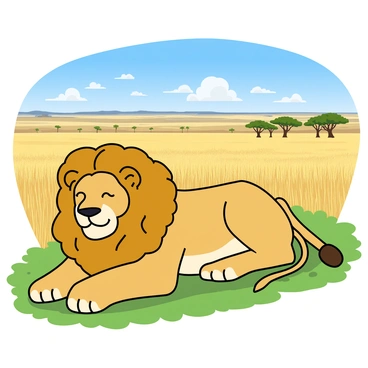 A large lion with a golden mane is lying on a patch of green grass. The lion's eyes are closed, and it has a calm expression on its face. In the background, there is a vast panoramic view of the savannah. The savannah is dotted with acacia trees and stretches out under a bright blue sky with fluffy white clouds. In the distance, golden grasses sway gently in the breeze, creating a sense of openness. The sunlight casts soft shadows on the ground, highlighting the texture of the grass around the lion.