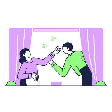 A shadow puppet scene is set against a light source, casting the silhouettes of characters on a screen. Two characters are depicted, each with their arms extended to create specific angles. One character's arm forms an angle of 2 degrees, while the other character's arm forms an angle of 5 degrees. The figures are detailed with exaggerated features to enhance the shadow effect. The characters are in a playful pose, interacting with each other, as the light casts distinct lines and shapes that highlight the unique angles of their arms.