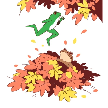 A green frog and a brown toad are playfully jumping around in a large pile of orange and yellow autumn leaves. The leaves are scattered everywhere, creating a vibrant backdrop for their antics. The frog is leaping into the air, with its legs extended, while the toad is buried halfway in the leaves, with only its head and eyes visible. Sunlight filters through the branches above, casting dappled light on the scene.