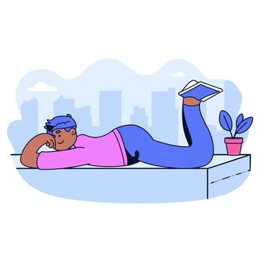A person in athletic wear is performing the superman exercise on a city rooftop. The individual is lying face down with arms extended forward and legs straight back. The background features a skyline with tall buildings and a clear blue sky. A small potted plant is placed near the edge of the rooftop, enhancing the urban setting.