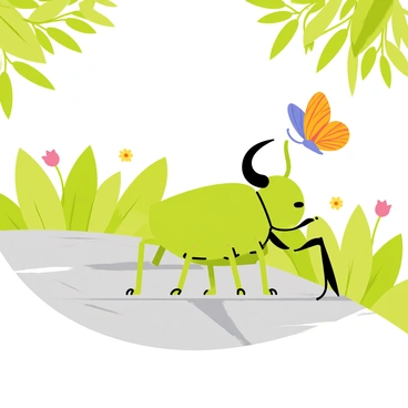 A large green Hercules beetle with prominent horns is perched on a gray stone path. Nearby, a vibrant orange and blue butterfly flutters its wings, showcasing intricate patterns. Lush green grass lines the edges of the path, and small colorful flowers bloom sporadically, adding touches of pink and yellow. Sunlight filters through the leaves above, creating dappled shadows on the ground. The beetle and butterfly appear to be engaged in a curious interaction, with the beetle slightly raised, as if examining the butterfly.