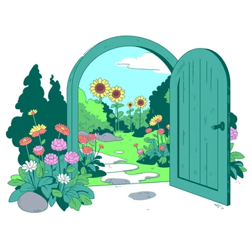 An ornate teal gate stands open, revealing a whimsical garden filled with vibrant flowers in various colors. The garden is alive with a variety of plants, including tall sunflowers and delicate daisies swaying gently in the breeze. In the background, there are lush green bushes and small trees, creating a sense of depth and tranquility. The sunlight filters through the leaves, casting playful shadows on the ground. A stone pathway winds through the garden, guiding the viewer's eye deeper into this lively scene.