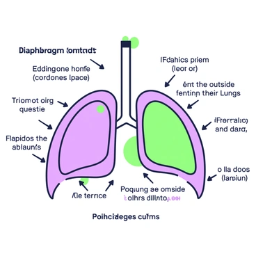 An illustration depicting the diaphragm's role in lung expansion and contraction during breathing. The diaphragm is shown as a dome-shaped muscle located beneath the lungs. When the diaphragm contracts, it flattens and moves downward, creating more space in the chest cavity. The lungs are illustrated expanding as air fills them, indicated by arrows pointing from the outside into the lungs. When the diaphragm relaxes, it curves upward, reducing the chest cavity size and forcing air out of the lungs. The lungs shrink as the air exits, again indicated by arrows pointing outward. Labels are included to identify the diaphragm, lungs, and directions of airflow.