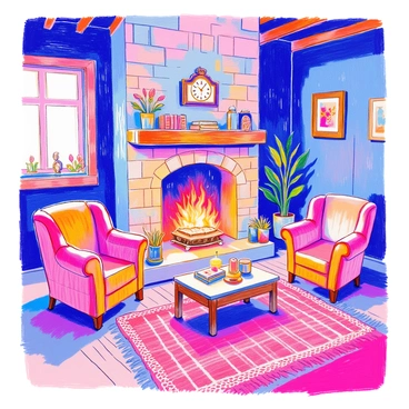 A warm fireplace is the focal point of a rustic living room. The fireplace is made of large stones, with flames dancing inside, casting a flickering glow. Above the mantle, there are various decorative elements, including a vintage clock and a set of small framed photographs. Surrounding the fireplace, a braided rug lies on the wooden floor. Two comfortable armchairs with plaid fabric are positioned close to the fire, and a wooden coffee table holds a steaming mug and a stack of books. The walls are adorned with wooden beams and shelves filled with rustic decor items. Soft light filters through a nearby window, adding to the cozy atmosphere.