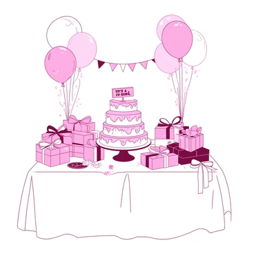A white table is adorned with an array of pastel-colored gifts wrapped in soft, delicate paper and tied with ribbons. In the center of the table, there is a large, tiered cake decorated with intricate pastel icing designs and topped with a small "It's a Girl" sign. Surrounding the table are pastel-colored balloons floating gently in the air, creating a festive atmosphere. Soft, pastel streamers hang from the ceiling, adding to the cheerful decor of the baby shower reception.