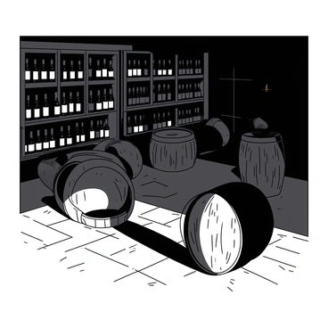 A dimly lit wine cellar features rows of wooden barrels resting on the stone floor. The barrels have various metal bands around them and show signs of age with rich, dark wood tones. Stacked against the walls are wine racks filled with bottles of varying shapes and sizes, each labeled and glistening slightly in the low light. Shadows play across the floor, creating a cozy, intimate atmosphere.