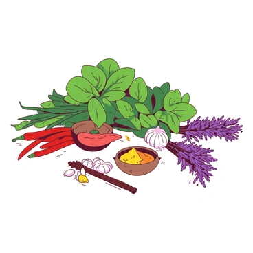 A white kitchen counter is filled with a colorful array of fresh herbs and spices. There are vibrant green basil leaves and bright red chili peppers scattered among small containers of yellow turmeric and orange paprika. A bunch of purple thyme sits beside a cluster of white garlic cloves. The herbs and spices are arranged harmoniously, creating a lively and inviting display.