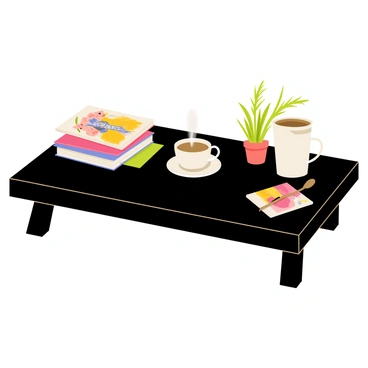 A stylish coffee table with a sleek black surface sits in the center. On one side of the table, there is a stack of colorful fashion illustration books with vibrant covers. At the opposite end, there is a white porcelain cup filled with steaming coffee, with a small saucer underneath it. A delicate silver spoon rests on the saucer, reflecting light. The table is adorned with a few decorative coasters, and a small potted plant is placed beside the stack of books, adding a touch of greenery.