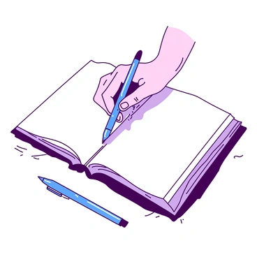 A white diary is open on a wooden table with a blue pen lying next to it. A trembling hand, slightly aged with prominent veins, hovers above the diary's pages, gripping the pen tightly. The hand has delicate fingers that appear slightly shaky, capturing the struggle to write. The pages of the diary are blank, emphasizing the difficulty in expressing emotions. There is a soft light casting gentle shadows across the table, highlighting the hand and diary, creating a sense of intimate introspection.
