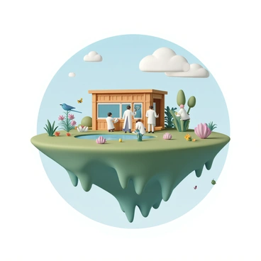 A large, lush green floating island suspended in the sky, with a wooden research station built on it. The research station has several large windows and is surrounded by various types of plants and flowers. A group of scientists, wearing white lab coats, are actively examining colorful flora and fauna scattered around the island. One scientist is taking notes while observing a bright blue bird perched on a branch, while another is examining a vibrant green plant under a magnifying glass. The island features a small pond, where a few butterflies flutter around. In the background, a clear blue sky stretches above, dotted with a few fluffy clouds.