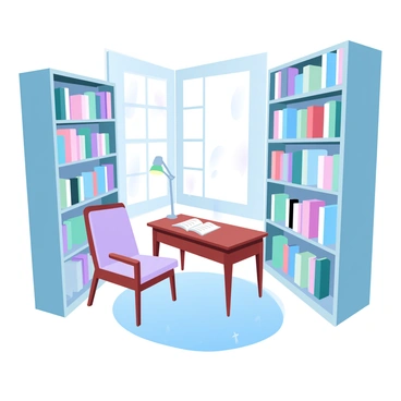 A cozy library corner is filled with towering bookshelves stacked with various books in different colors and sizes. In the center, there is a small wooden table with a comfortable chair. Above the table, a single reading lamp casts a warm glow, illuminating the area softly. The floor is covered with a plush, patterned rug that adds warmth to the space. A large window beside the bookshelves lets in gentle light, creating a tranquil atmosphere.