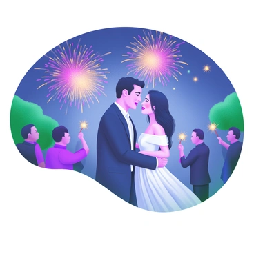 A couple standing close together, sharing a joyful moment while watching a "spectacular fireworks display" in the night sky. The fireworks burst in vibrant colors, illuminating their faces with hues of red, blue, and gold. The couple is dressed elegantly, with the man in a classic suit and the woman in a beautiful dress. They are surrounded by a cheering crowd, with some people holding sparklers. In the background, there are trees silhouetted against the night sky, enhancing the festive atmosphere of the celebration.