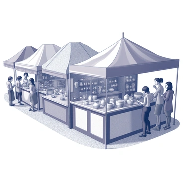A bustling market scene filled with various stalls. Each stall is uniquely decorated, showcasing "ahki-themed crafts" and goods. The stalls are made of wooden structures with colorful fabric awnings overhead. Shoppers are engaged, examining items on display, which include intricately designed pots, woven baskets, and handmade jewelry. A vendor is animatedly demonstrating a craft technique to a small group of interested onlookers. The ground is covered with a mix of gravel and dirt, and the atmosphere is lively with people chatting and laughing.