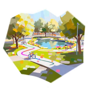 A diagram illustrating a network of bicycle paths winding through a lush city park. The paths are shown in bright colors, creating a visual contrast against the green of the grass and trees. There are various bicycle icons placed along the paths to indicate routes. The park includes features like a lake, flower beds, and picnic areas. Trees of different shapes and sizes are scattered throughout the diagram, providing context for the paths. The park's boundaries are outlined, and key landmarks like playgrounds and rest areas are labeled.