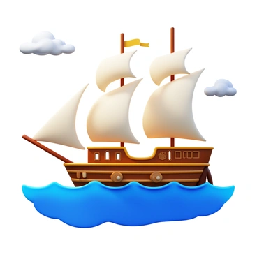 A vintage sailing ship with billowing white sails capturing the trade winds. The ship features ornate woodwork and a tall mast, gliding over a deep blue ocean. The waves are gently lapping at the hull, while a bright sky with a few fluffy clouds stretches overhead. The sun casts warm light, illuminating the details of the ship's sails and the water's surface.