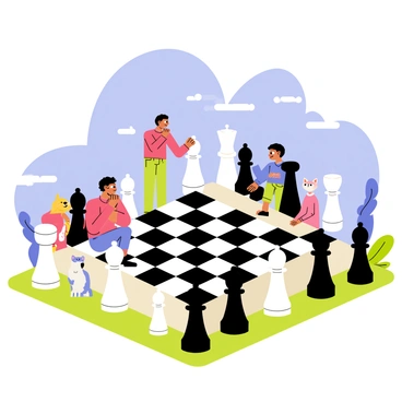 A giant outdoor chessboard with large black and white pieces set against a bright blue sky. The chess pieces are comically oversized, with the king towering above the surrounding players. Two focused players are positioned on opposite sides of the board, one wearing a red shirt and the other in a blue shirt, both deep in thought. Nearby, an audience of various cartoon characters, including a dog and a cat, eagerly watches the match unfold. Lush green grass surrounds the chessboard, adding a vibrant touch to the scene.