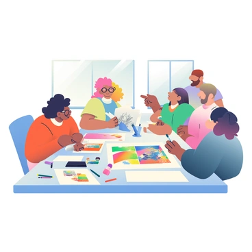 A large rectangular table is filled with artists of various descents working together on a collaborative illustration. One artist with curly hair and glasses is sketching with charcoal on a large sheet of paper. A woman with long straight hair is painting with watercolors, using a vibrant palette filled with colors. Another artist is using colored pencils to add details to the illustration, and a person with a short beard is discussing the design while pointing at the paper. The table is cluttered with art supplies, including paintbrushes, markers, and sketchbooks. Natural light filters in through a nearby window, illuminating the scene and highlighting the creativity and teamwork among the artists.