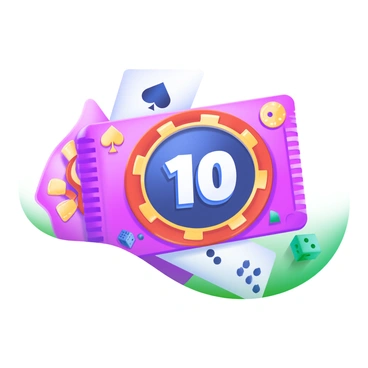 A casino ticket designed to resemble a poker chip. The chip features vibrant colors, including deep red, royal blue, and bright yellow accents. The center of the chip displays the numbers "10" in bold, white font, surrounded by intricate patterns and designs that mimic the texture of a poker chip. Along the edges, there are small symbols of playing cards and dice, enhancing the gambling theme. The overall design is eye-catching and reflects the excitement of a casino environment.