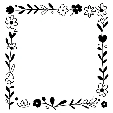 A simple and clean border composed of minimalistic flower outlines. The border features various types of flowers with delicate and intricate designs, evenly spaced around the edges. Each flower outline is elegantly defined, creating a harmonious arrangement that frames the inner space. The overall composition is balanced and symmetrical, emphasizing the beauty of the floral elements without any additional clutter.