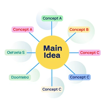 A large circular central node labeled "Main Idea" is set in the middle of the image. Radiating from this central node are several colorful branches extending outward. Each branch is labeled with different keywords such as "Concept A," "Concept B," and "Concept C," in bright, bold fonts. These branches are further connected to smaller nodes that contain related ideas and concepts, creating a web-like structure. The background is a soft gradient, transitioning from light blue at the top to light green at the bottom. Each node and branch is outlined in contrasting colors to enhance visibility and structure.