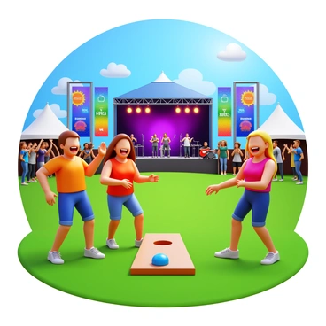 A group of friends playing a cornhole game on a grassy field. The setting is filled with tents and colorful banners representing various music bands. The friends are laughing and cheering, each holding a brightly colored bean bag. In the background, a stage is set up with vibrant lights and musicians performing. Several festival-goers can be seen dancing and enjoying the music. The atmosphere is lively with people wearing casual festival clothing, and the sun is shining brightly in the sky.