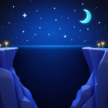 A starry night sky filled with bright stars and a crescent moon. Below, a dark chasm is visible with steep, rugged edges. Tiny fireflies with glowing bodies are dancing around the rim of the chasm, creating a magical atmosphere in the darkness. The contrast between the illuminated stars and the deep shadows of the chasm enhances the scene.