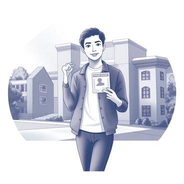 A student standing in front of a university building, holding up their ID card with both hands. The ID card is positioned prominently for clear visibility. The student has a confident expression and is wearing a casual outfit. The university building in the background features distinct architectural elements, such as large stone columns and arched windows. The setting suggests a vibrant academic atmosphere, with trees or greenery visible nearby.