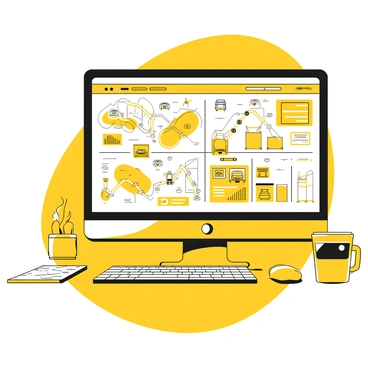 A computer screen displaying a detailed logistics interface filled with various charts and graphs. The screen shows several maps with highlighted routes and markers indicating different locations. There are numerical data points and icons representing various logistics elements, such as trucks and warehouses. The workspace around the computer includes a keyboard and a notepad with scribbled notes, while a cup of coffee sits nearby on the desk.