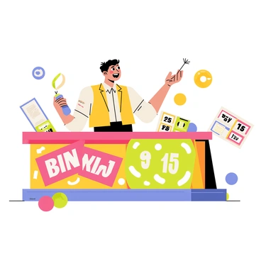 A bingo caller standing in a colorful booth, wearing a bright vest and a cheerful smile. The booth is decorated with vibrant patterns and large bingo numbers displayed prominently. The caller holds a microphone in one hand and gestures animatedly with the other as they announce the numbers. Several colorful bingo balls are scattered around the booth, and excited players can be seen in the background, ready with their bingo cards.