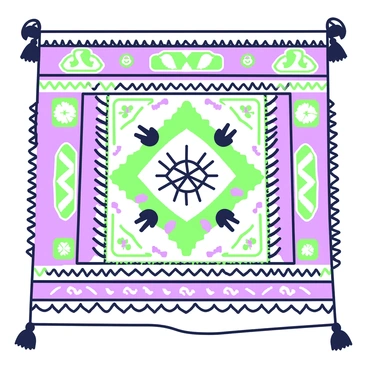 A close-up view of a tapestry showcasing intricate ethnic patterns. The tapestry features various geometric designs and motifs that intertwine seamlessly, creating a rich texture. The patterns include zigzags, diamonds, and floral elements, all woven together in a detailed manner. There are contrasting sections that highlight the complexity of the weaving technique. Edges of the tapestry are finished with fringes that add to the overall craftsmanship. The background displays the full expanse of the tapestry, emphasizing its vibrant design.