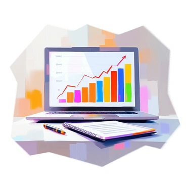 A colorful bar graph illustrating an increase in page visits over time is prominently displayed on a sleek laptop. The graph features several vertical bars in vibrant colors, each representing a different time period, with the height of each bar indicating the number of page visits. The laptop is open on a clean desk with a notepad and a pen beside it. The screen of the laptop shows the graph clearly, capturing the progression and growth over the specified timeline.