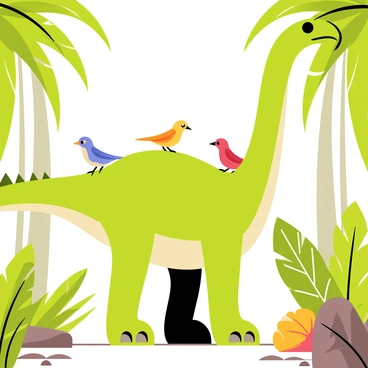 A large green dinosaur with a long neck and a spiked tail stands in a lush prehistoric jungle. Small colorful birds, including red, blue, and yellow ones, are perched on its back, adding vibrant touches to the scene. Tall ferns and palm trees surround the dinosaur, creating a dense and leafy atmosphere. Sunlight filters through the trees, casting dappled shadows on the ground, where various plants and rocks are scattered. The dinosaur gazes curiously at the birds, while some of the birds chirp and look around.