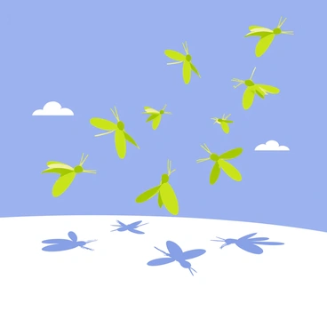 A swarm of locusts with green bodies and large wings is flying across a clear blue sky. The locusts are depicted in various positions, some soaring high while others dip lower. The bright sunlight casts distinct shadows of the locusts on the ground, creating patterns on the surface below. A few wispy white clouds are present, adding contrast to the brilliant blue backdrop.