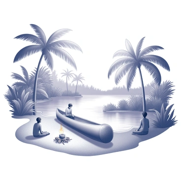 A lush oasis surrounded by a variety of palm trees and vibrant foliage. In the foreground, a small group of three people is resting on the sandy bank beside a dugout canoe. One person is seated on the ground, leaning against the canoe, while another stands nearby, looking out over the tranquil water. The third person is kneeling, tending to a small fire with a small pot resting over the flames. The dugout canoe is positioned at an angle, partially in the water, showcasing its smooth, carved wooden surface. In the background, the sun casts shadows from the palm trees, creating a serene atmosphere in this serene setting.