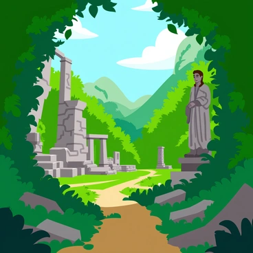 A lost city overgrown with lush green vines, creating a dense canopy over the structures. Ancient statues, depicted with intricate carvings, stand proudly among the foliage, showing signs of weathering. Crumbling temples, with broken stone walls and fragmented pillars, are scattered throughout the scene. Sunlight filters through the leaves, casting dappled shadows on the ground, revealing hints of ornate designs on the temple surfaces. The air is thick with the essence of history, as nature reclaims the remnants of an ancient civilization.