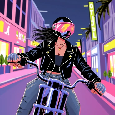 A biker girl wearing a black leather jacket and denim jeans is riding a motorcycle through a neon-lit street at night. The street is illuminated with bright pinks, blues, and greens from glowing signs and storefronts. The lights reflect on her shiny helmet, creating a colorful display. The background features tall buildings with vibrant neon lights and a few scattered trees lining the road. The biker girl has long hair flowing in the wind, and her motorcycle has sleek chrome detailing.