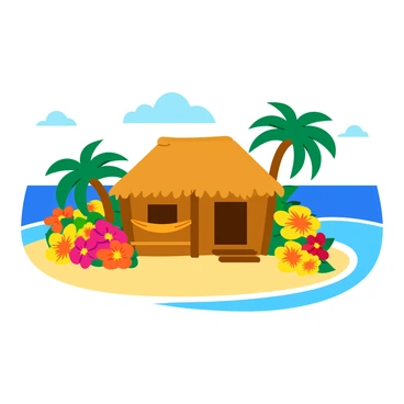 A cozy island hut with a thatched roof stands on a sandy beach. The hut features wooden walls with a warm, brown tone and a small porch with a welcoming hammock. Surrounding the hut are vibrant tropical flowers in shades of red, yellow, and orange, creating a lush and colorful landscape. In the background, the clear blue sea sparkles under the sunlight, with gentle waves lapping at the shore. A few palm trees sway softly in the breeze, adding to the tropical atmosphere.