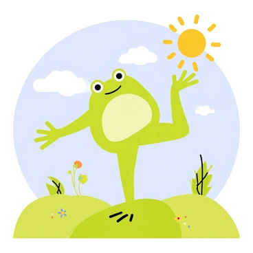 A green frog with big eyes is practicing yoga poses on a grassy hilltop. The frog is in a tree pose, balancing on one leg with the other leg bent at the knee. The sun is shining brightly in a clear blue sky, casting warm light over the scene. A few fluffy white clouds float gently above. In the background, there are rolling hills and small colorful wildflowers scattered across the grass. A light breeze rustles the leaves of nearby trees, adding a sense of calm to the setting.
